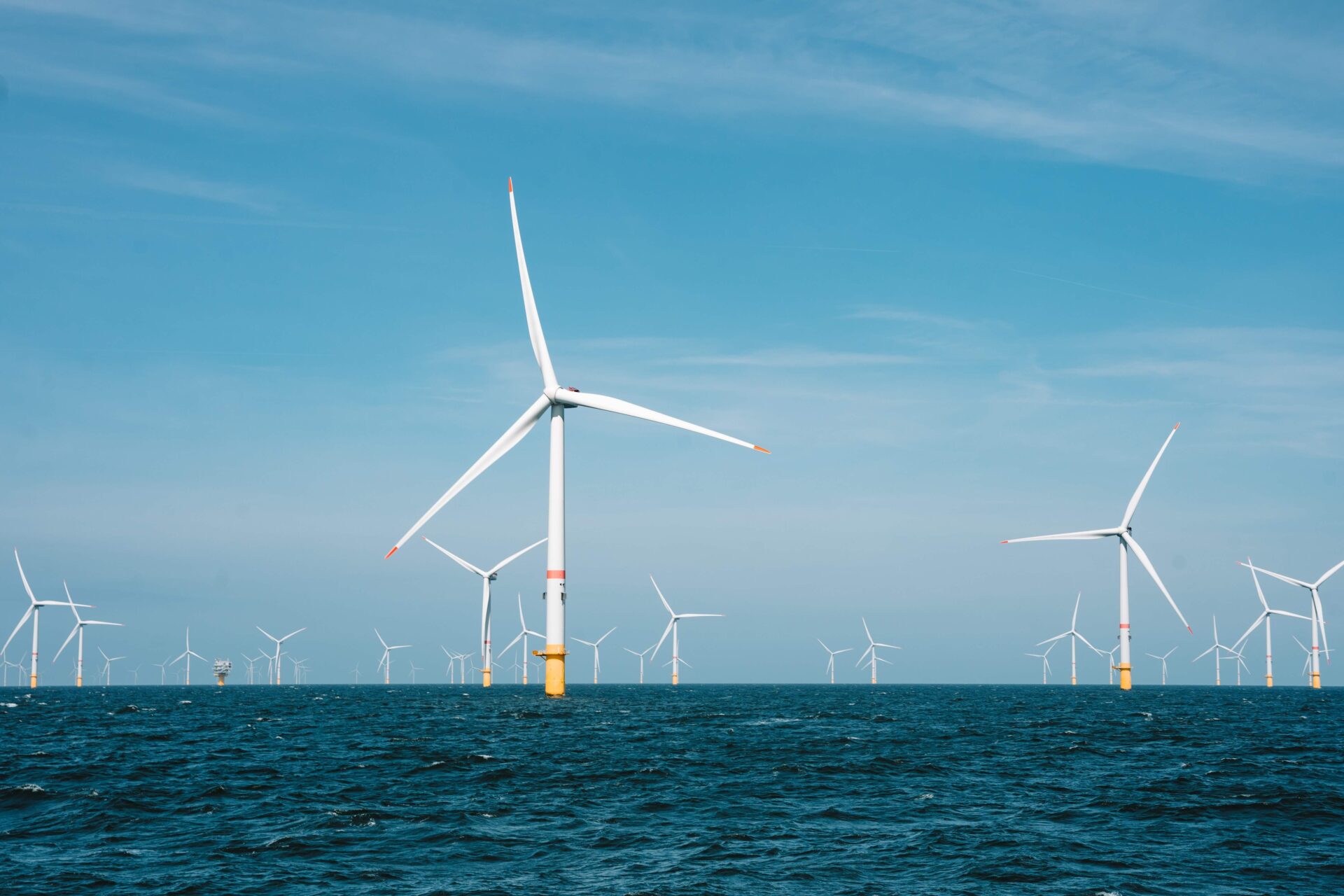 Offshore wind turbines producing renewable energy and green energy in the Belgian North Sea